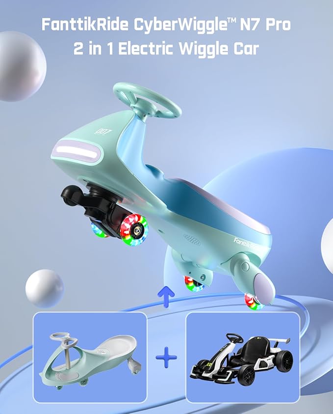 FanttikRide N7 Pro Electric Wiggle Car, Rechargeable Battery, CyberWiggle, 2 in 1 Swing Car, 2 Speeds Max 4 Mph, Anti-Rollover, Flashing Wheels, Bluetooth, for Ages 3 and Up, 150 Lbs, Glacier Blue