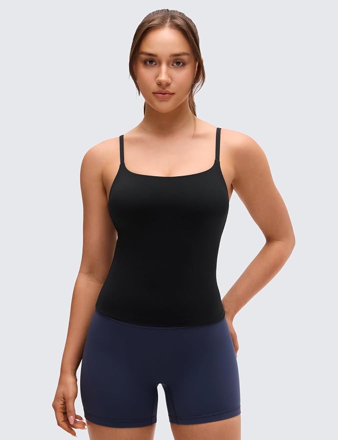CRZ YOGA Softretch U Back Camisole Tank Tops for Women - Scoop Neck Padded Spaghetti Straps Soft Yoga Crop Top