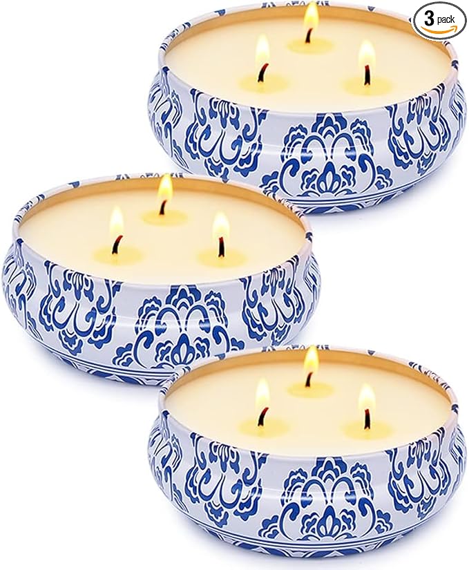 Citronella Candles Outdoor, Large 3-Wick 13.5oz Soy Wax Candle in Blue and White Container for Summer Patio Porch, 3 Packs