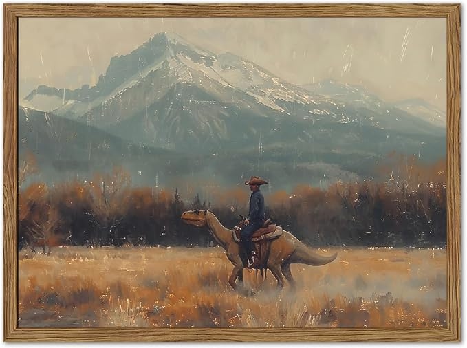 Vintage Dinosaur Cowboy Wall Art, Funny Western Jurassic Wall Decor Painting Spooky Cowboy Riding Dinosaur Poster Canvas Prints for Bedroom Farmhouse Living Room 16x24 inch Wood Framed