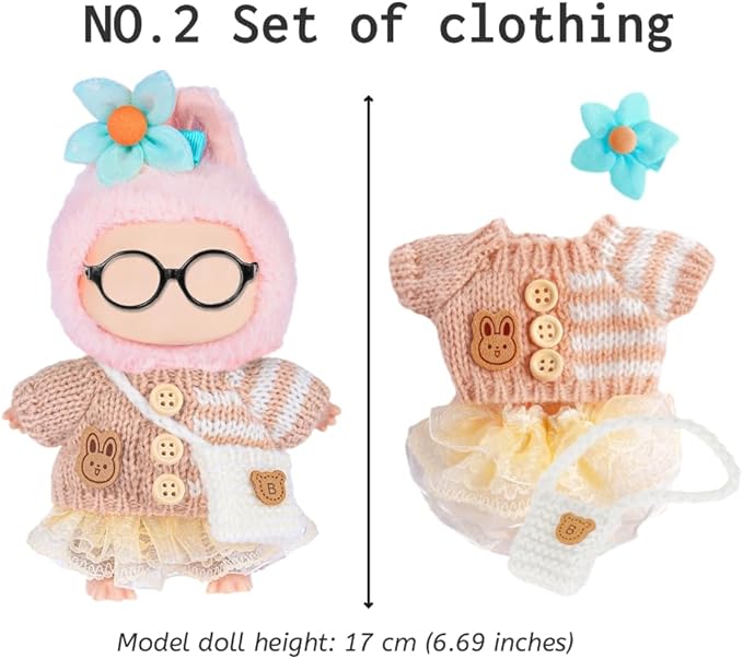 ebuddy 3 Sets Doll Clothes for 17cm Plush Doll - Fashion Outfit Collection Knit Tops + Tulle Skirts + Floral Hair Clips & Bags -Clothes Only No Glasses