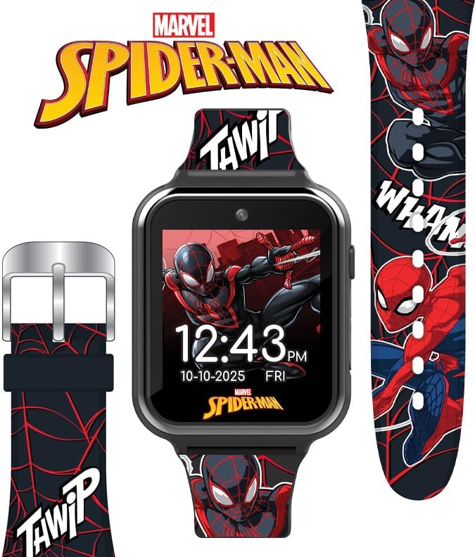 Marvel Spider-Man Kids Smart Watch – Touchscreen Interactive Watch with 10 Customizable Clock Faces, Built-in Camera, Video Recorder, Alarm, Calculator, Games & Pedometer – Fits Wrists 5.5" to 8"