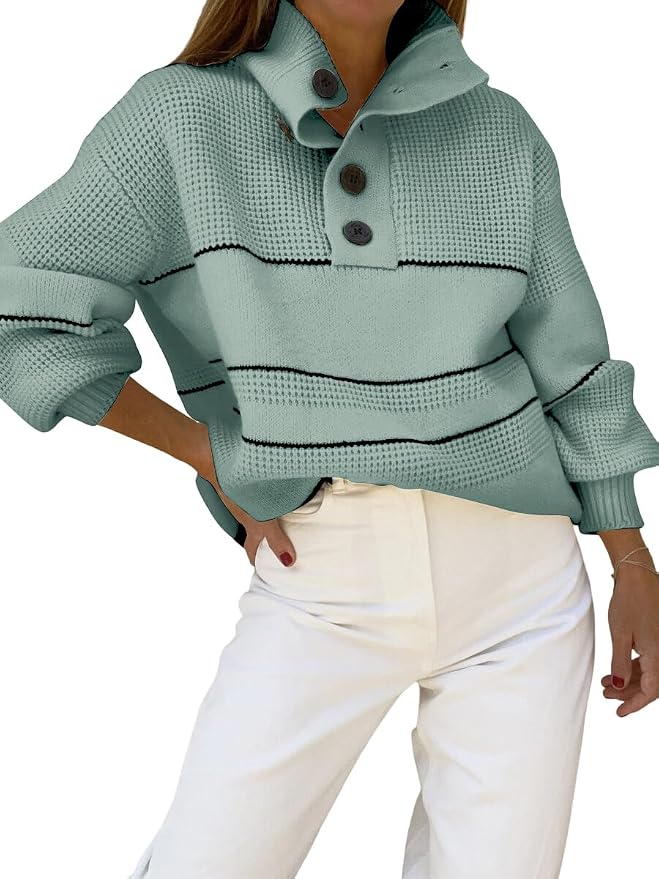 chouyatou Women's Slouchy Waffle Knit Sweater 1/2 Button Polo Collared Pullover Striped Sweater Tops