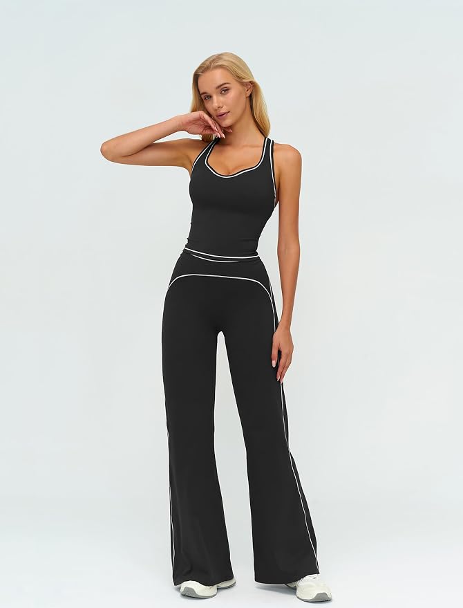 ABOCIW Two Piece Workout Sets for Women Racerback Tank Top Matching High Waist Wide Leg Yoga Pants Pilates Outfits