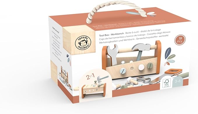 Speedy Monkey 2-in-1 Wooden Tool Box Workbench – FSC Certified Pretend Play Workshop Set for Kids with Tools, Wrench, Hammer & Saw – Role Play Car & Construction Toy for Toddlers & Preschoolers