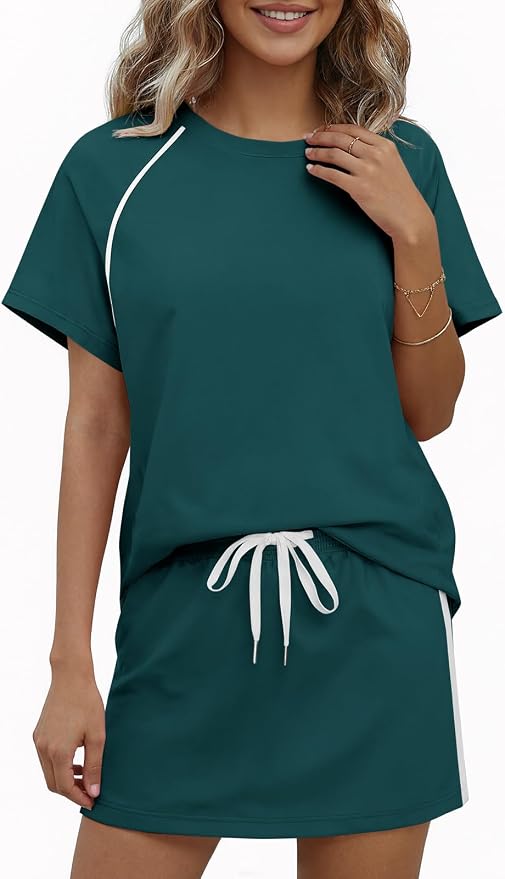 Womens 2 Piece Skirt Sets Summer Tennis Outfits Vacation Skort Set | Two Piece Sets, Short Set, Athletic Workout Golf Outfits, Crew Neck, Color Block, Drawstring, Workout Mathcing Lounge Sets