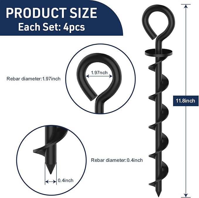 Eurmax USA 4 Pack Heavy Duty Ground Stakes,Industrial Grade Spiral Steel Screw-In Anchors with 4 Bonus Tie-Down Ropes,High Wind Stabilizing Kit for Trampolines,Dog Tie-Out,Canopies,Outdoor Sheds,Black