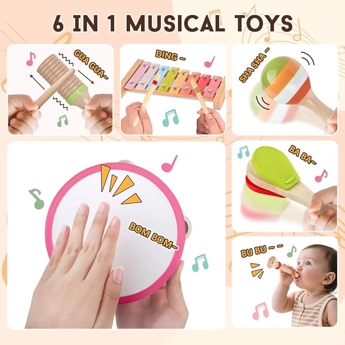 Baby Musical Instruments for Girls-Montessori Wooden Toys for Toddlers 1-3,Percussion Instruments Set with Xylophone Preschool Educational 3+ Christmas Birthday Gift for 1 2 3 Year Girls (pink 6 in 1)
