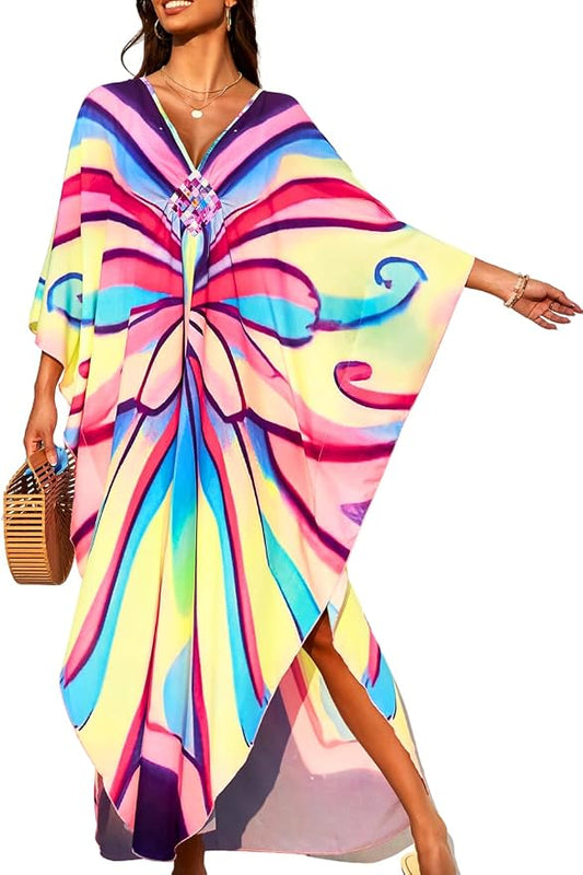 ChiaoLezhee Print Moo-Moos for Women, Kaftan Cover-Up Dresses, Sexy V-Neck High-Slit, Beach Pool-Party Coverups Muumuu Plus