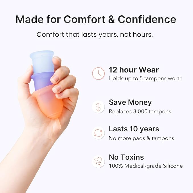 Lena Menstrual Cup Original - Soft Reusable Medical-Grade Silicone Period Cups for Women Heavy Flow, Comfortable 12-Hour Leak-Free Protection, Beginner-Friendly Feminine Care - Large, Purple