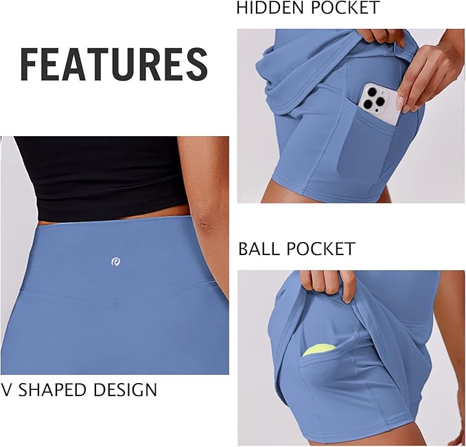 PINSPARK 14" Womens Tennis Skirt High Waisted Golf Skort with 2 Pockets | Built-in Shorts, A Line, Tummy Control, Stretchy, Casual, Mini, Workout, Pickleball, Running, Skort for Woman