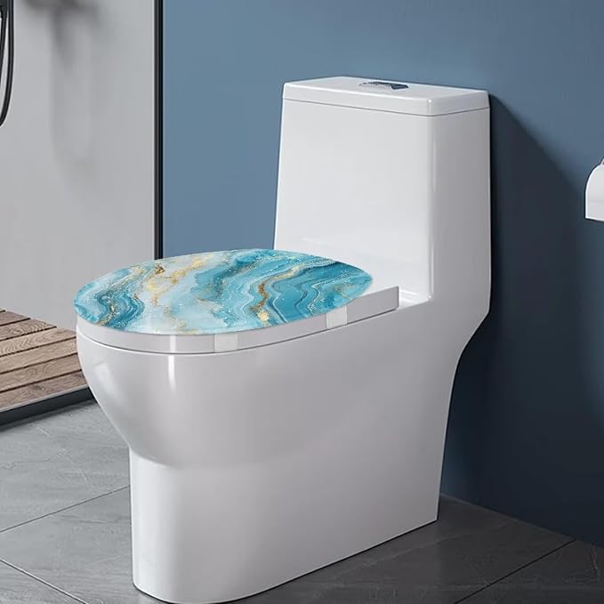 Blue Marble Toilet Seat Cover Elongated Replacement for Bathroom Decor Machine Washable White Marble Universal for Most Toilet Bowl Lids Elastic Bottom Soft