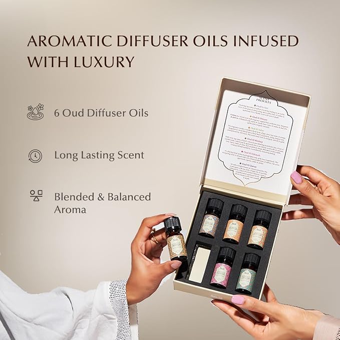 Dukhni Oud Essential Oil Diffuser Blend & Candle Burner | 6 x 10ml Arabic Oils with Diffuser| Relax with Home Aromatherapy, for Relaxation, Massage & Candle Making, Islamic Gift