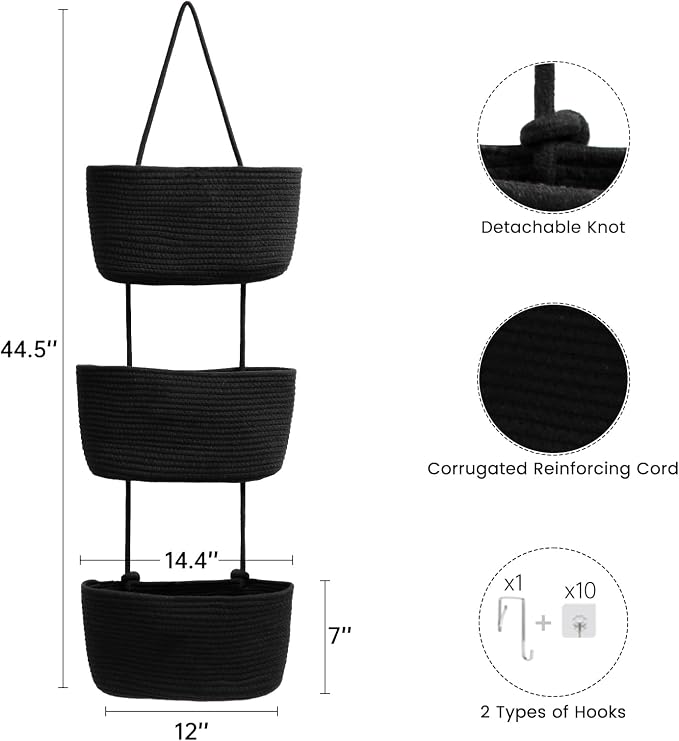 TeoKJ Over the Door Hanging Basket, 3-Tier Woven Cotton Wall-Mounted Storage Organizer Bag Decorative Hanging Nursery Baskets, Black