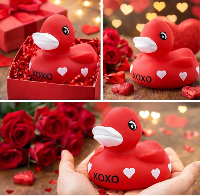 4E's Novelty 3" Valentines Rubber Duck - Large Red XOXO Sweetheart Ducky for Romantic Decoration, Jeep Ducking, Bath Toy, Cake Topper, Party Supplies, Valentines Day Gift for Him Her