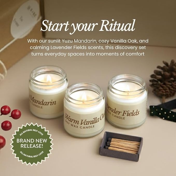 Bare Botanics Soy Candle Gift Set 3 pcs - 100% Plant-Based Fragrance Oils - Premium, Non-Toxic Candle - Softly Scented Natural Soy Wax - Handpoured in WI - Discovery Candle Set and Ready to Gift