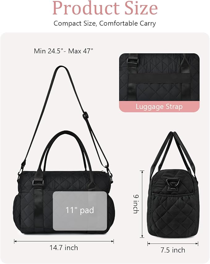 Gym Bag for Women with Yoga Mat Holder, Small Mini Gym Tote Bag Puffy Quilted Lightweight Sports Duffel Bag with Wet Compartment for Dance Yoga Workout Travel - Black