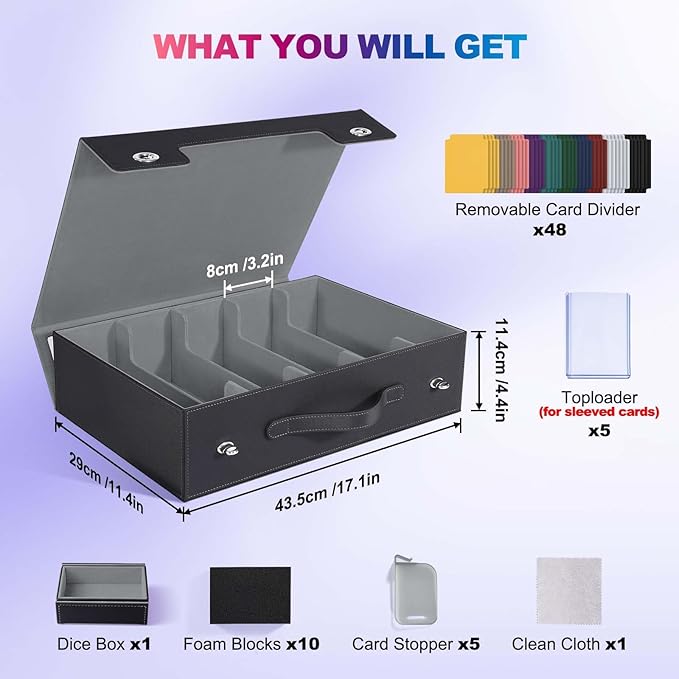 UAONO Trading Card Storage Box with Commander Display, 5 Row Magic Card Box with Handle & Aluminum Alloy Locking for 3900+ Unsleeved Cards Suits for MTG PTCG TCG Sports Cards (Black Gray)