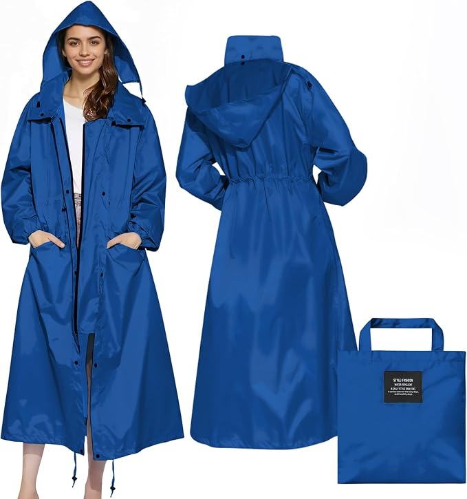 LAMA Womens Long Raincoats Rain Jacket Waterproof Packable Hooded Windbreaker Lightweight Adjustable Waist for Outdoor