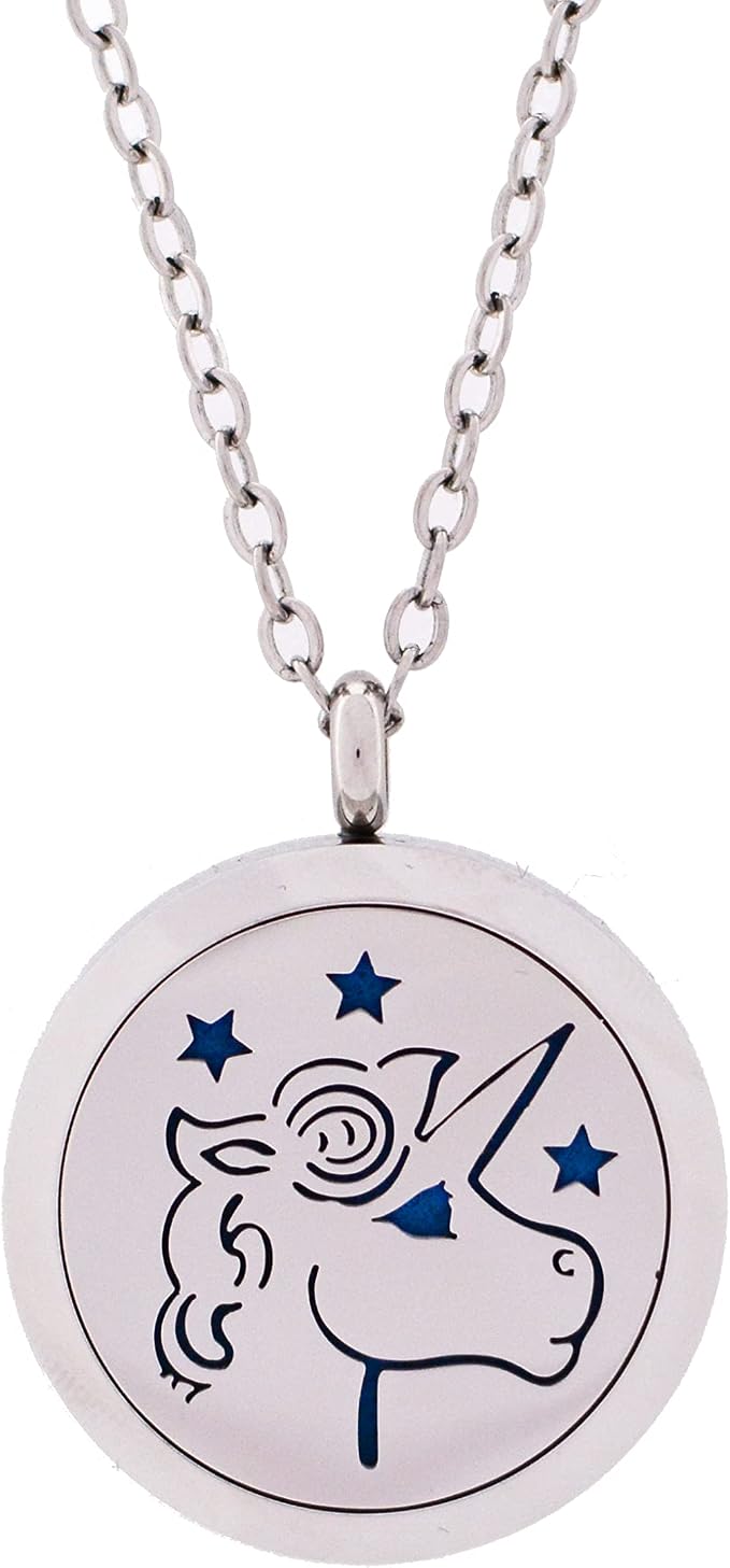 Aromatherapy Essential Oil Diffuser Stainless Steel Silver Magnetic Locket Pendant 2 Sizes Chain Necklace, Refill Pads & Diffuser Bracelet in a Velvet Bag (Unicorn)