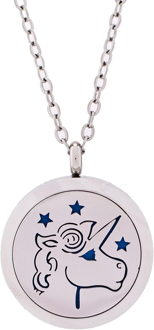 Aromatherapy Essential Oil Diffuser Stainless Steel Silver Magnetic Locket Pendant 2 Sizes Chain Necklace, Refill Pads & Diffuser Bracelet in a Velvet Bag (Unicorn)