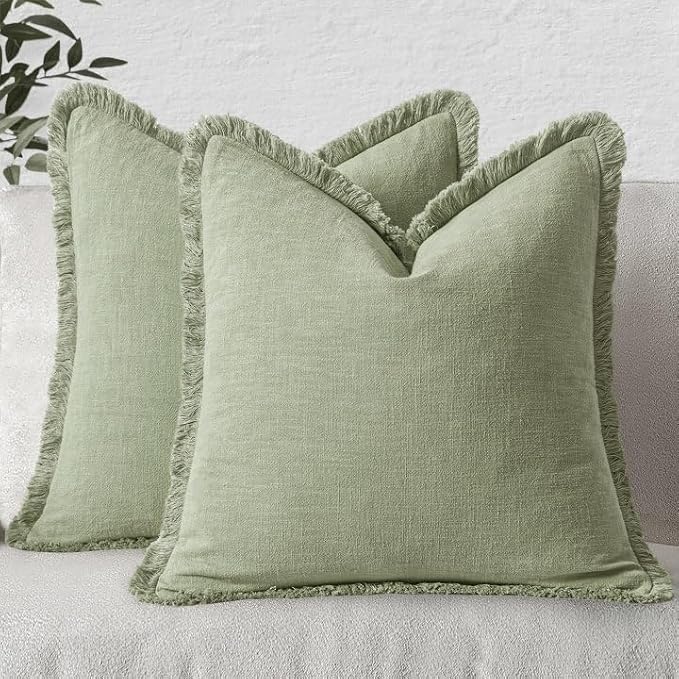 MIULEE Boho Linen Fringe Decorative Throw Pillow Covers Sage Green 20x20 | Set of 2, Cottagecore Decor, Boho Farmhouse Neutral Pillow Covers, Rustic Couch Cushion Cases for Sofa Bed Living Room