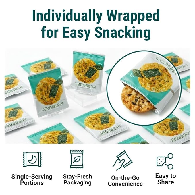 Korean Crunchy Baked Seaweed Rice Crackers (Seaweed Rice Cracker 9.5oz) | Crunchy baked korean crackers & pop rice; alternative to japanese rice crackers; traditional crispy nurungji snack packs