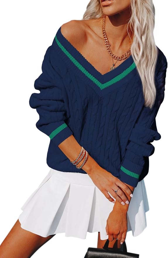 Aoudery Womens V Neck Oversized Sweaters Long Sleeve Cable Knit Pullover Striped Chunky Sweater Casual Tennis Tunic Tops