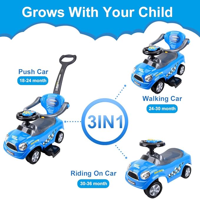 ChromeWheels 3 in 1 Ride on Push Car for Toddlers with Removable Handle/Guardrails/Pedal, Horn, Music, Under Seat Storage (Blue)