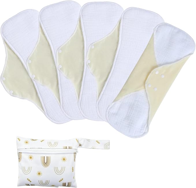 Washable Menstrual Pads,Reusable Incontinence Pads,Cloth Pads Sanitary Napkins,with 1 Storage Bag,Panty Liners/Cotton Pads Period for Women/Postpartum/Incontinence Patients(Yellow/XL/5pcs)