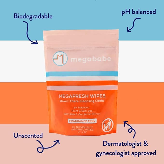 Megababe Megafresh Wipes | Unscented Cleansing Wipes for the Intimate Area | Summer and Hot Weather Essential | pH Balanced, Front & Back Use | 16 Individually Wrapped Wipes (Pack of 1)