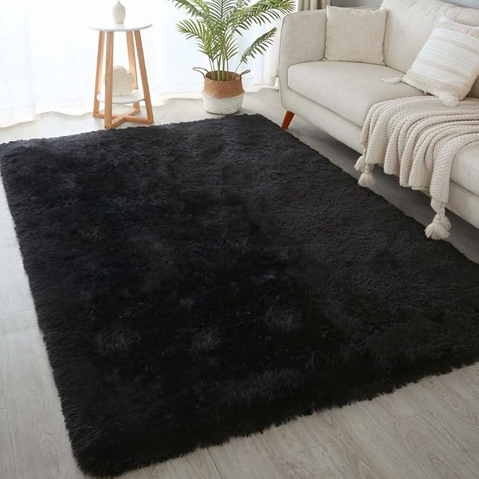 5x7 Black Shag Rug for Bedroom, Soft Plush Fluffy Washable Carpet | Area Rug for Living Room, Kids Nursery, Boys Girls Dorm Room, Non Slip Shaggy Floor Carpet