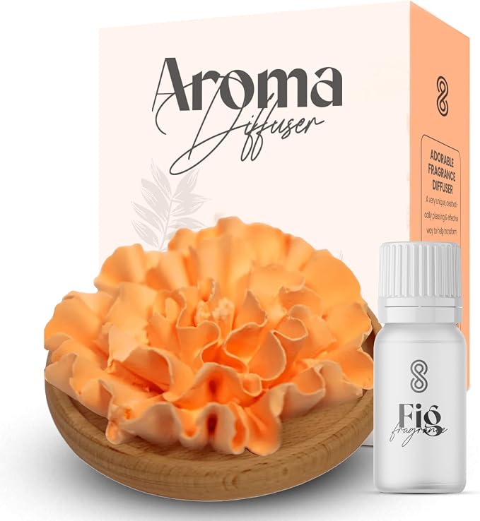 Aroma Diffuser Diatomite Carnation Flower with Wooden Stand Essential Oil Diffuser with Aromatherapy Fig Fragrance Oil Diffusers for Home, Room Decor | 10 ML (Diatomite Carnation Flower (Orange))