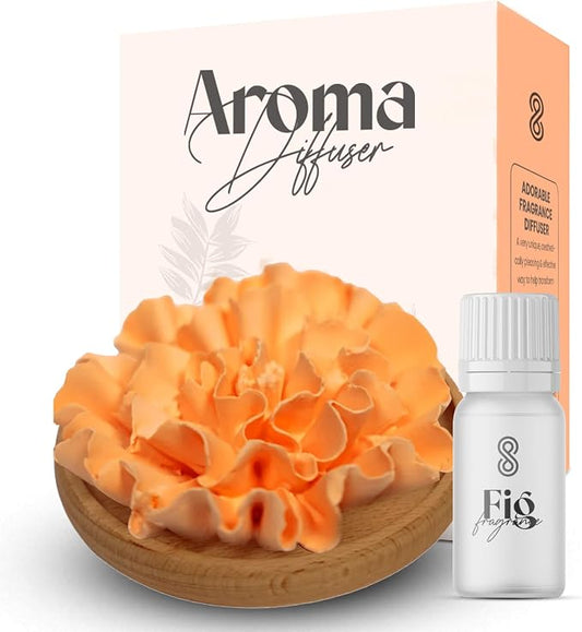 Aroma Diffuser Diatomite Carnation Flower with Wooden Stand Essential Oil Diffuser with Aromatherapy Fig Fragrance Oil Diffusers for Home, Room Decor | 10 ML (Diatomite Carnation Flower (Orange))