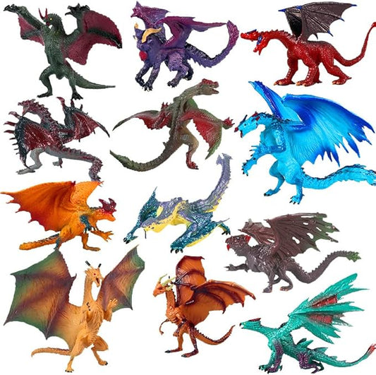 12 Pcs Mini Dragon Figurine Kit 3 Inch Realistic Hand Painted Dragon Models Plastic Magic Dragon for Birthday Party Favors Cupcake Toppers