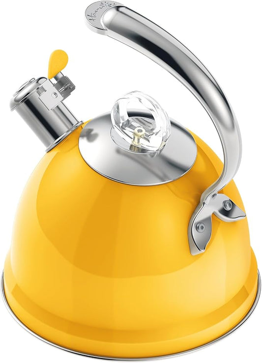 Harriet Tea Kettle Stovetop, 2.5 QT Whistling Stainless Steel Teapot, 3-Layer Base, Unique Ergonomic Handle, Includes Pot Holder & Mat, Electric/Induction/Gas Stovetops Applicable, Yellow