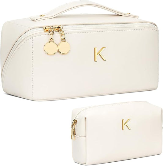 Birthday Gifts for Women Teen Girl, Personalized Initial Makeup Organizer Bag Set, Open Flat Travel Cosmetic Bag With Clear Divider and Handle(Large-Beige,K)