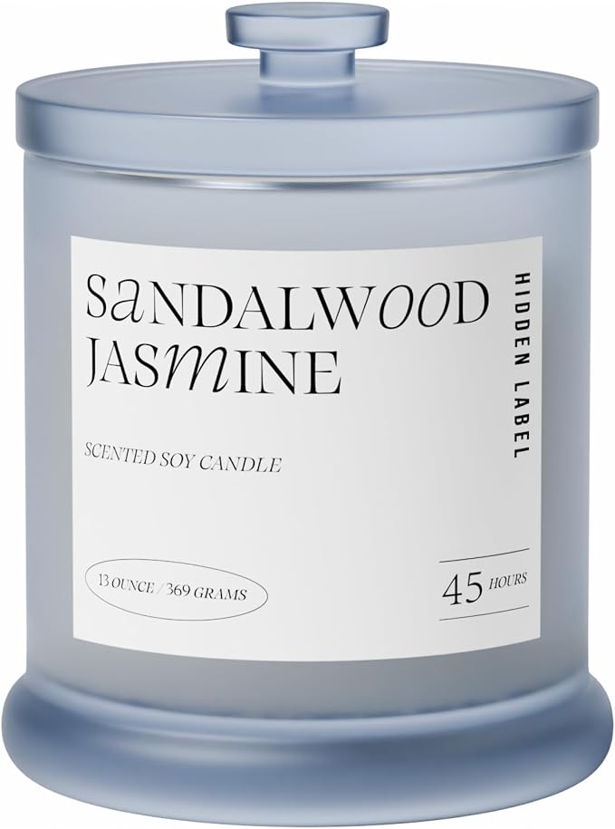 Hidden Label Sandalwood Jasmine Candle, 13oz 2-Wick Soy, 45H Aromatherapy | 45+ Hour Burn | Woody Floral Essential Oils | Non Toxic Plant Wax | Frosted Glass Home Decor | Meditation Gift