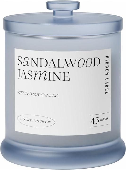 Hidden Label Sandalwood Jasmine Candle, 13oz 2-Wick Soy, 45H Aromatherapy | 45+ Hour Burn | Woody Floral Essential Oils | Non Toxic Plant Wax | Frosted Glass Home Decor | Meditation Gift