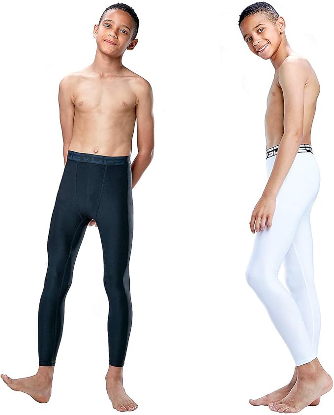 DEVOPS 2 Pack Youth & Boys Thermal Compression Baselayer Sport Tights Fleece Lined Pants & Long Sleeve Top