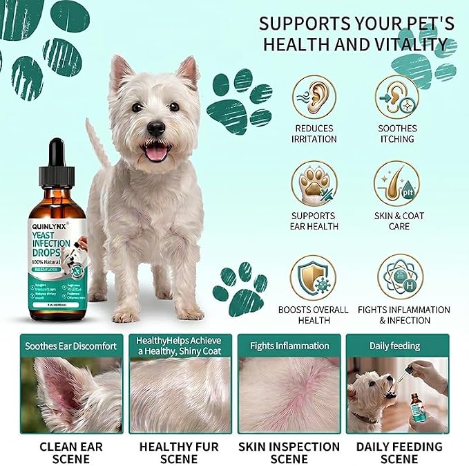 Dog Yeast Infection Treatment Drops – Treats Canine Ear & Paw Yeast Infections, Relieves Irritation, Inflammation & Allergies, Multivitamin Probiotic Supplement for Dogs