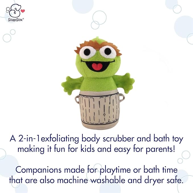 SoapSox Kids Exfoliating Bath Scrub (Oscar The Grouch Sesame Street) - Soft Animal Toy Wash Cloth Sponge with Soap Pocket Insert - Fun Loofah Characters for Babies, Kids and Children