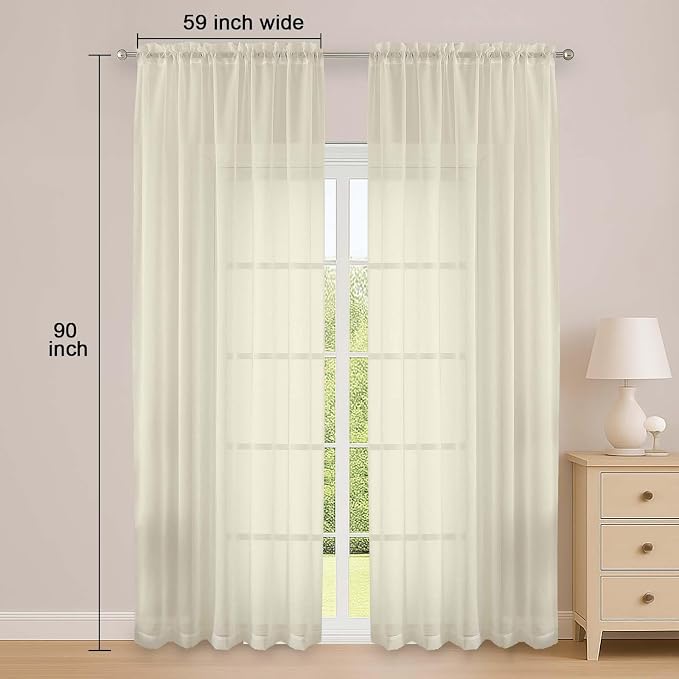 OWENIE Cream Sheer Curtain 90 Inches Long 2 Panels Set, Solid Filmy Drapes for Living Room Bedroom, Elegant Window Voile Sheer Curtain Panels Drapes, 2 Pcs, Each 59" Wx90 L Inch