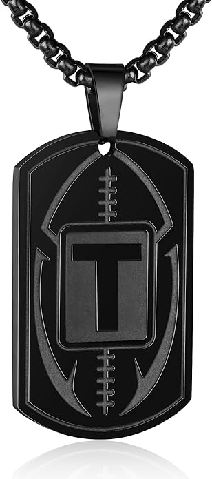 Initial A-Z Dog Tag Necklace for Men - Football Charm Pendant, Stainless Steel Chain 22+2 Inches, Personalized Sports Athletes Jewelry Gift