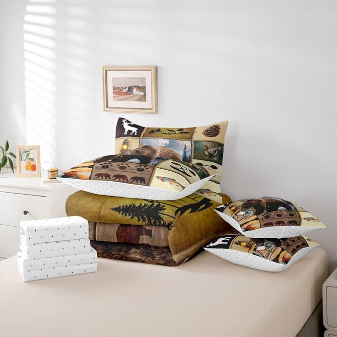 Feelyou Rustic Farmhouse Bear King Comforter Set with Sheets for Kids Boys Girls Hunting Wild Animal 7 Pieces Bedding Set Patchwork Cabin Lodge Bed in a Bag Room Decor Soft Microfiber
