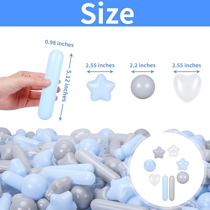 STARBOLO Ball Pit Balls for Toddlers - 150 Ball Pit Balls Crush Proof Plastic Toy Balls for Toddlers Ball Pits, Ball Pit Play Tent, Baby Pool Water Toys(Light Blue, Gray, Clear)