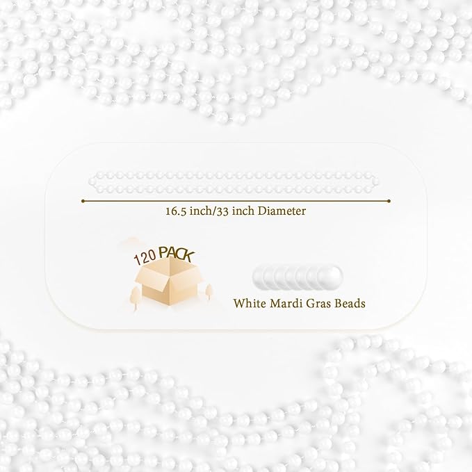 YAXINRUI 120 PCS White Mardi Gras Beads, 33" White Bead Necklaces Party Costume Necklace Round Parade Throw Beads in Bulk for Mardi Gras Christmas Festive Events, Party Favors