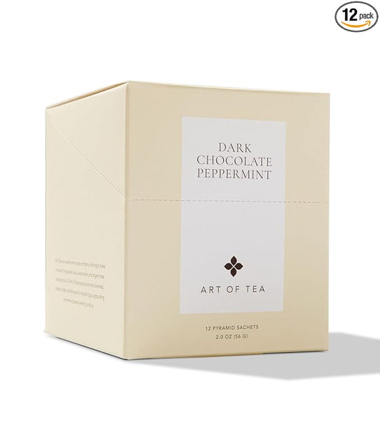 Art of Tea Dark Chocolate Peppermint 12 Count Tea Bags, Organic Pu-Erh Dessert Tea with Cocoa Nibs & Peppermint, Premium Pyramid Sachets for After Dinner Tea