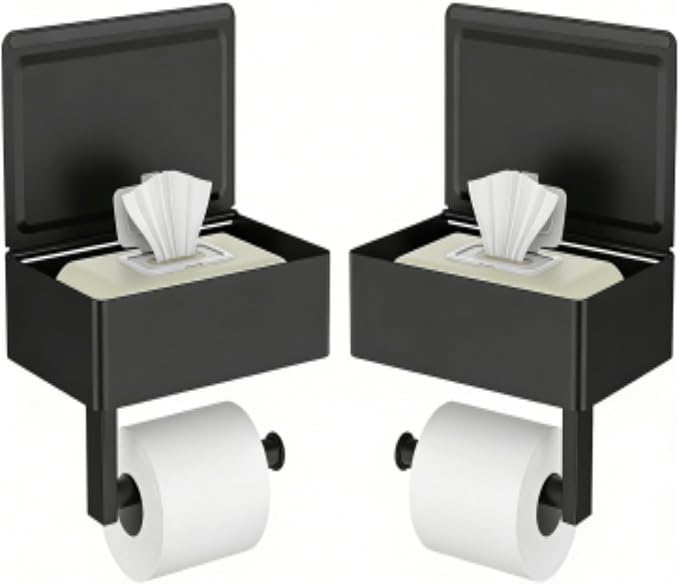 FORIOUS Toilet Paper Holder with Shelf, Sanitary Napkin Receptacle Tampon Holder, Wall Mount Toilet Paper Holder with Storage, Flushable Wipes Dispenser Fits for Bathroom Commercial(2, Matte Black)