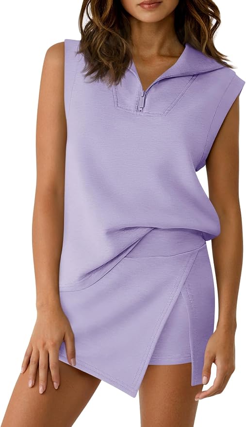 Fisoew Womens 2 Piece Skirt Sets Summer Sleeveless Half Zip Sweatshirt Athletic Skorts Tennis Outfits Casual Sweatsuits